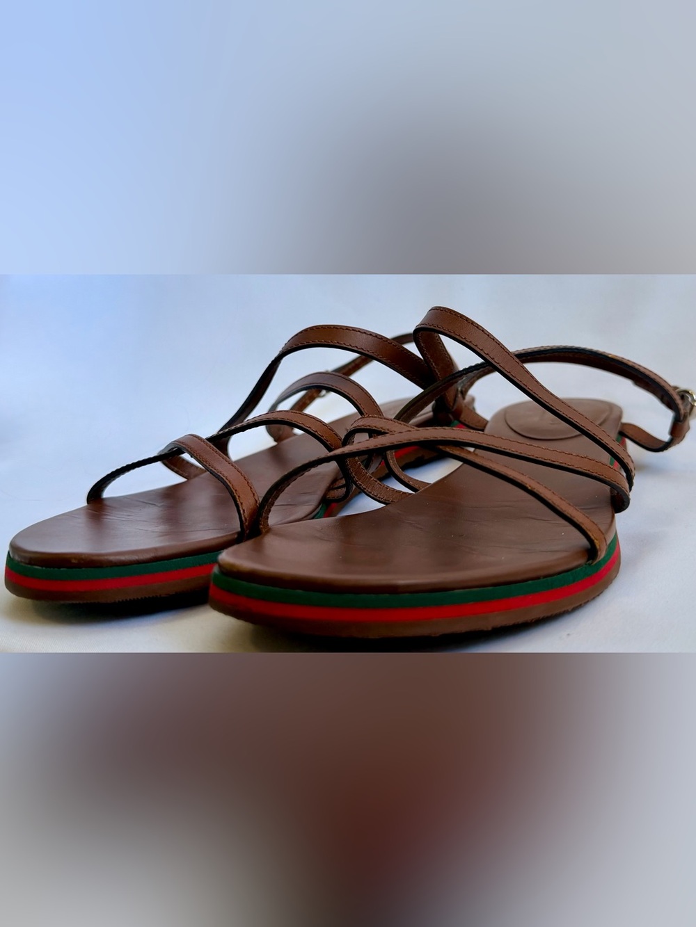 Gucci Web Stripe Brown Leather Strappy Flat Sandals Vintage Y2K EU 38